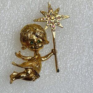 Signed Mylu PinkGreen Rhinestone Girl Fairy Angel Star Wand Brooch Vintage Pixie